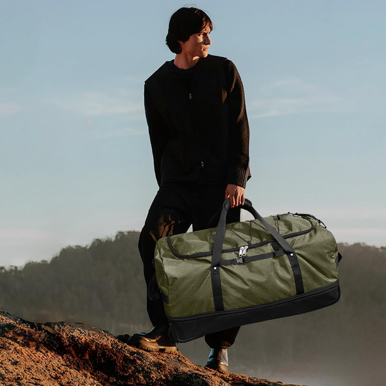 Vomgomfom Wheeled Collapsible Duffel Bag,110L-140L Expandable Checked Luggage, No-Telescopic-Handle with Anti-Burst Zipper & Reinforced Frame,Army Green - Image 7