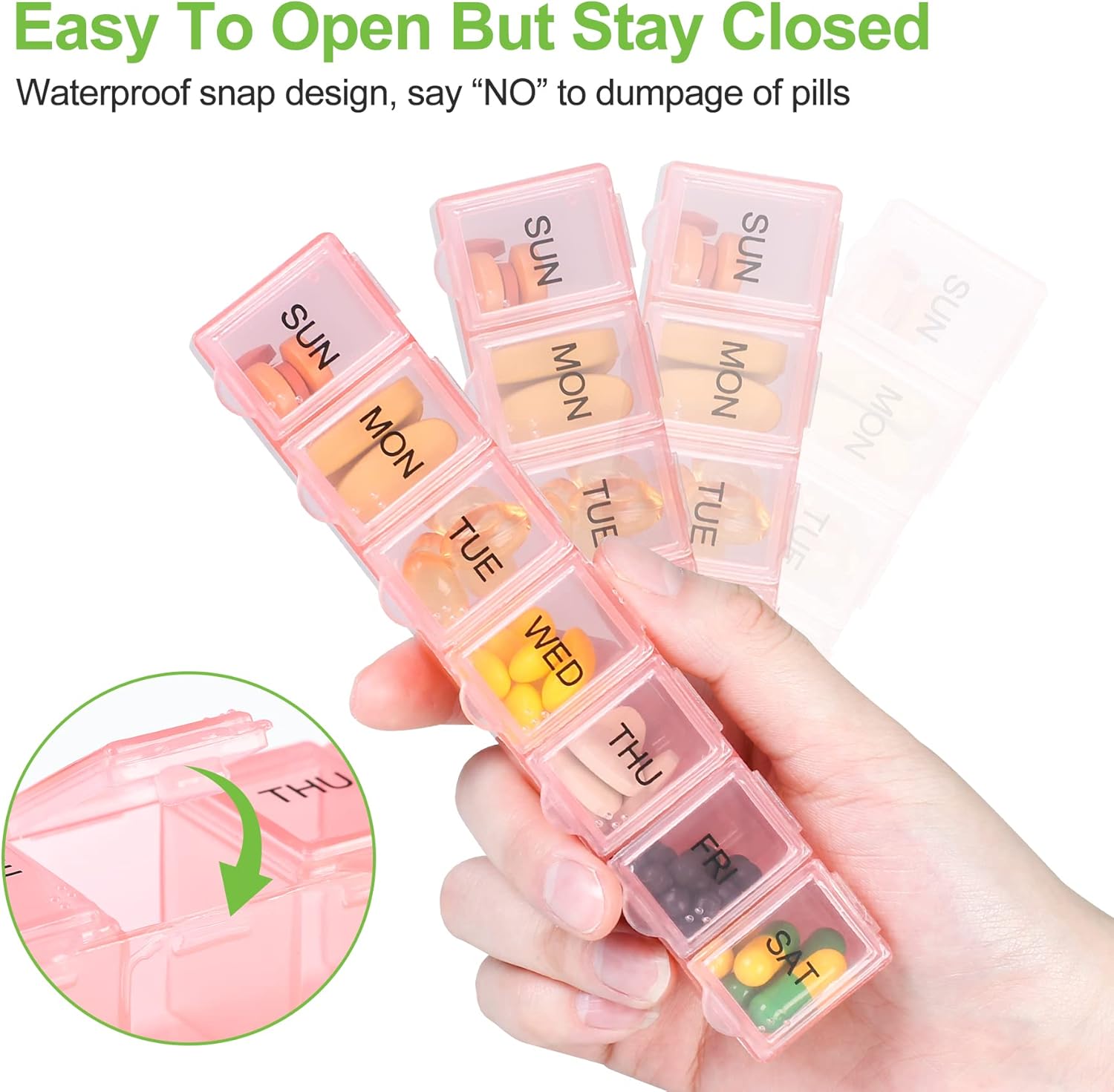 4 Pack Weekly Pill Organizer, 7 Days Pill Case Travel Daily Pill Box Portable Medicine Organizer and Planner with Compartment for Vitamins, Fish Oil, Supplements and Medication (4 Colors) - Image 4
