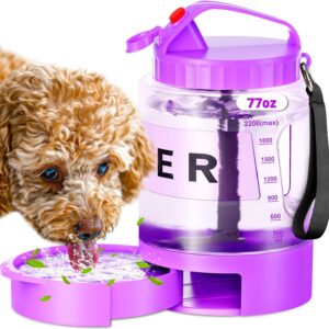 77oz Large Dog Water Bottle - Portable Travel Dog Water Dispenser & Bowl - Leak-Proof Pet Water Jug for Hiking, Camping, Walking & Car Trips, Purple