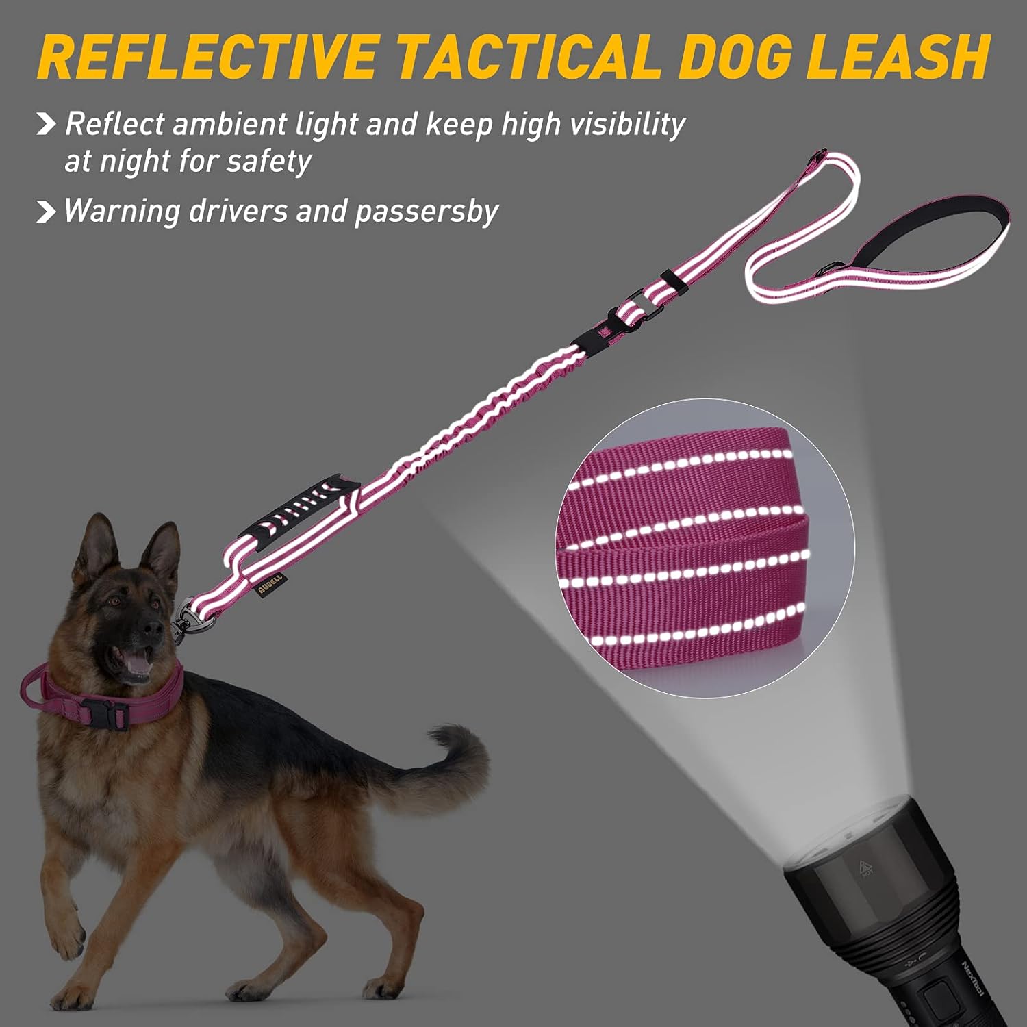 AUBELL Tactical Dog Leash Heavy Duty,4-6ft Reflective Strong No Pull Bungee Leash for Medium Large Dogs with Comfortable Padded Double Handle,Car Seat Belt,360 Degree Rotating Carabiner,Pink - Image 3