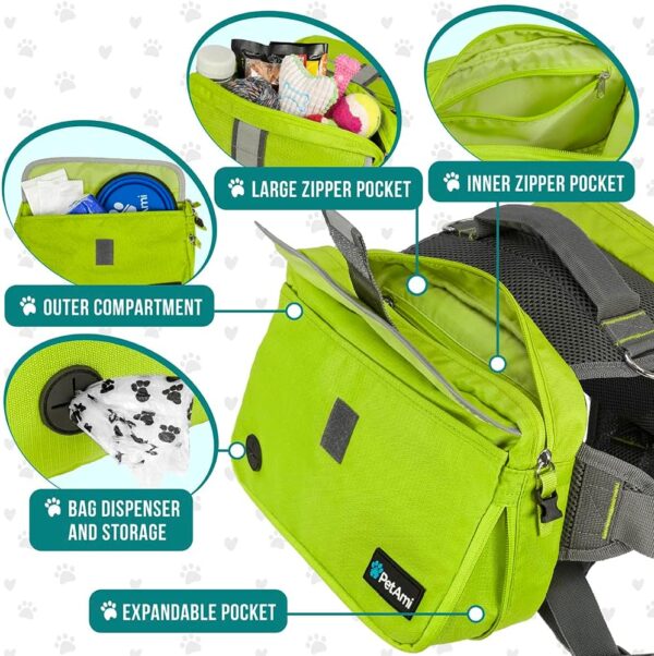 PetAmi Dog Backpack for Medium Large Dogs, Dog Saddle Bag for Dogs to Wear, Harness Saddlebag with Reflective Safety Side Pockets for Hiking, Camping, Vest Dog Pack for Travel (Green, Large) - Image 3