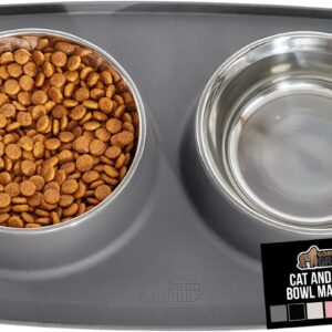 GORILLA GRIP Feeding Mat Set, Patent Pending 100% Waterproof BPA Free Silicone, Stainless Steel Cat and Dog Bowls, Slip Resistant, High Edges Catch Water Food, US Designed Pet Accessories, 1 Cup Gray
