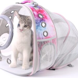 Cat Carrier Backpack with Back Expandable Cat Carrier Galaxy Pink -Space Capsule Cat Bubble Backpack for Kitten Bunny Small Puppy Vet and Outdoor Adventure (Galaxy Pink, Bubble Window)
