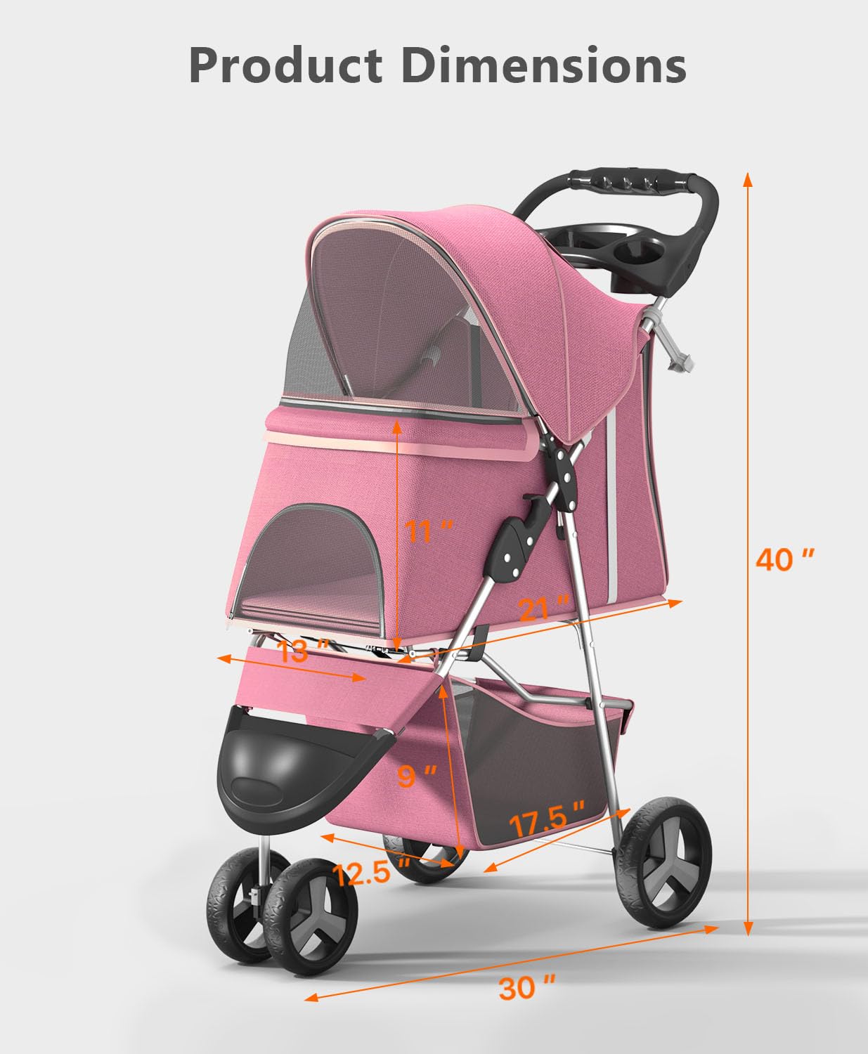 Pet Stroller with 3 Wheels for Small/Medium Pets, Portable Travel Foldable Carrier Jogger for Dog Cat Puppy Kitty, Rear Wheel Breaks, Storage Basket, Visible Mesh with Weather Cover (Pink) - Image 7