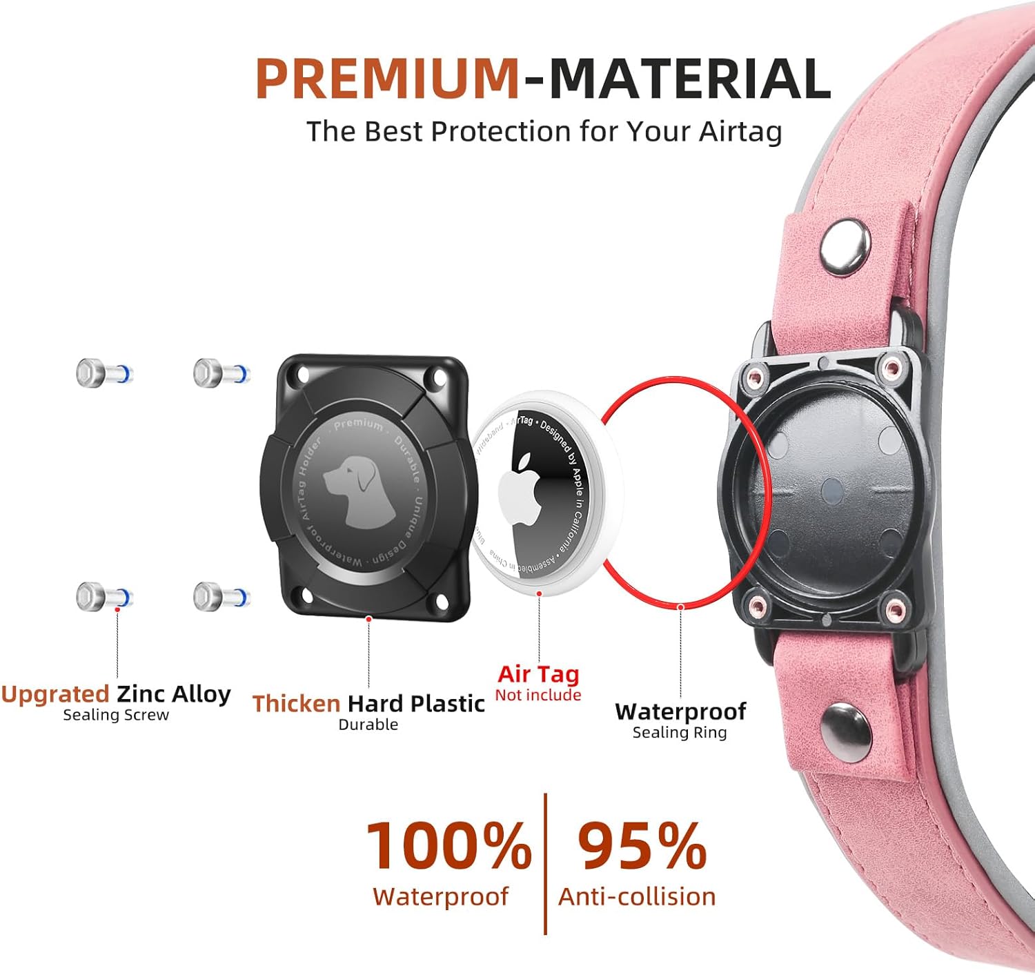 AirTag Dog Collar - Leather Dog Collar with Air Tag Holder | IPX8 Waterproof, Reflective, High - End, Adjustable Soft Padded | Dog GPS Tracker Collars Fit for Medium Large Dogs (Pink, L) - Image 3