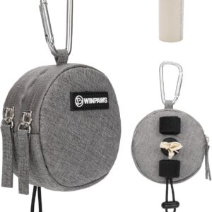 Dog Poop Bag Holder for Leashes- Dog Treat Pouch with Waterproof Zipper,Puppy Training Small Bag with Carabiner & Bungee Toggle,Two Pockets for Dry or Wet Treats-Pet Travel Walking Essentials (Grey)