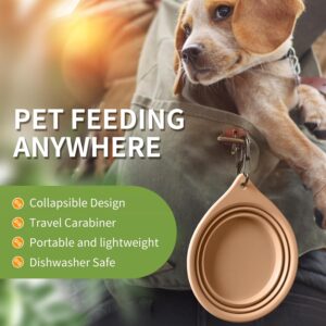 Collapsible Dog Travel Bowls (13oz/350ml), 100% Food Grade Silicone Integrated Molding, No Plastic Rim, Portable Pet Feeding Watering Dishes for Outdoors with Clasp, BPA Free (Khaki)