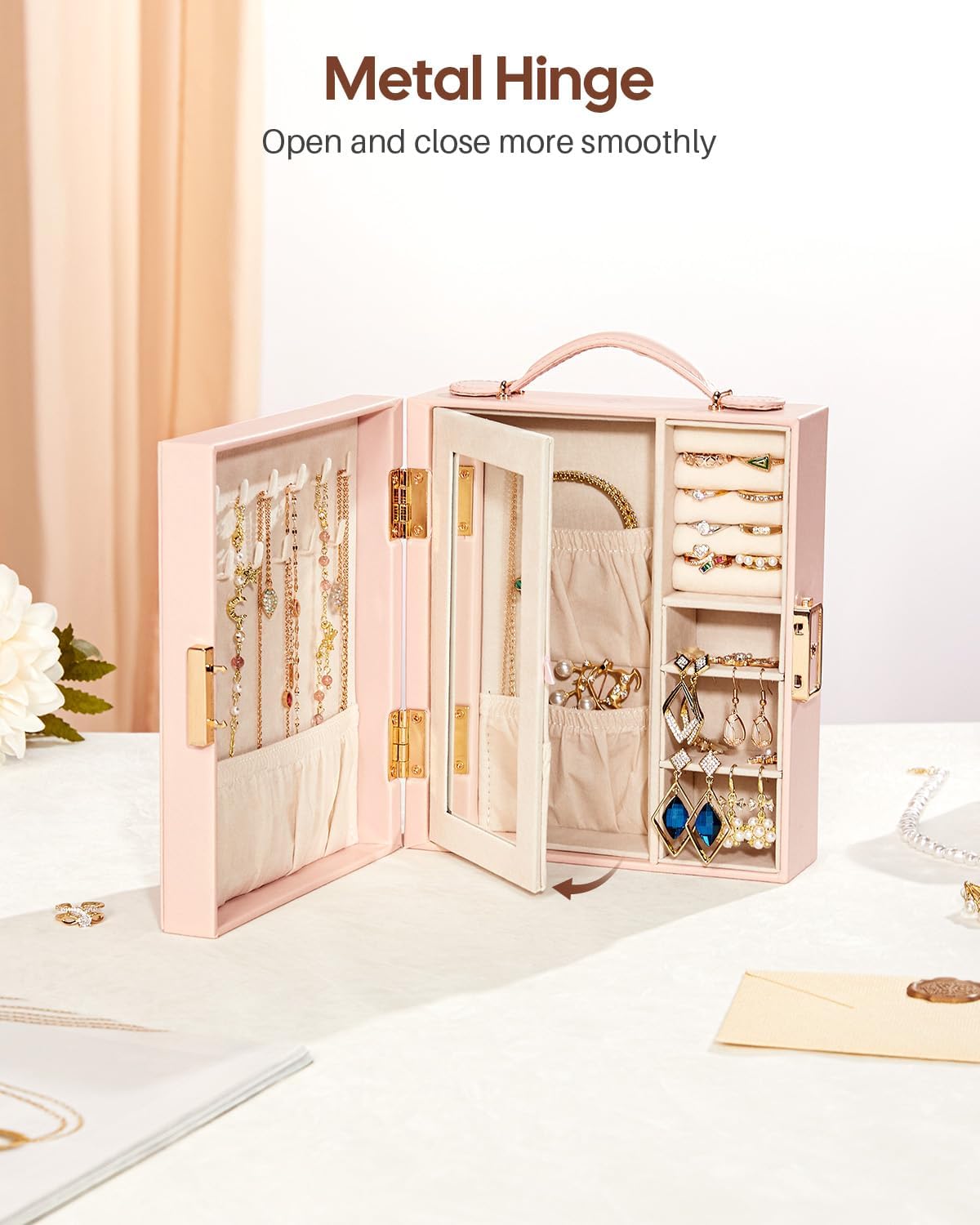 Travel Jewelry Case, Essentials for vacation, Portable Bangle Box with Mirror, PU Leather Small Watch Organizer for Rings, Earrings, Necklaces, Bracelets (Light Pink) - Image 3