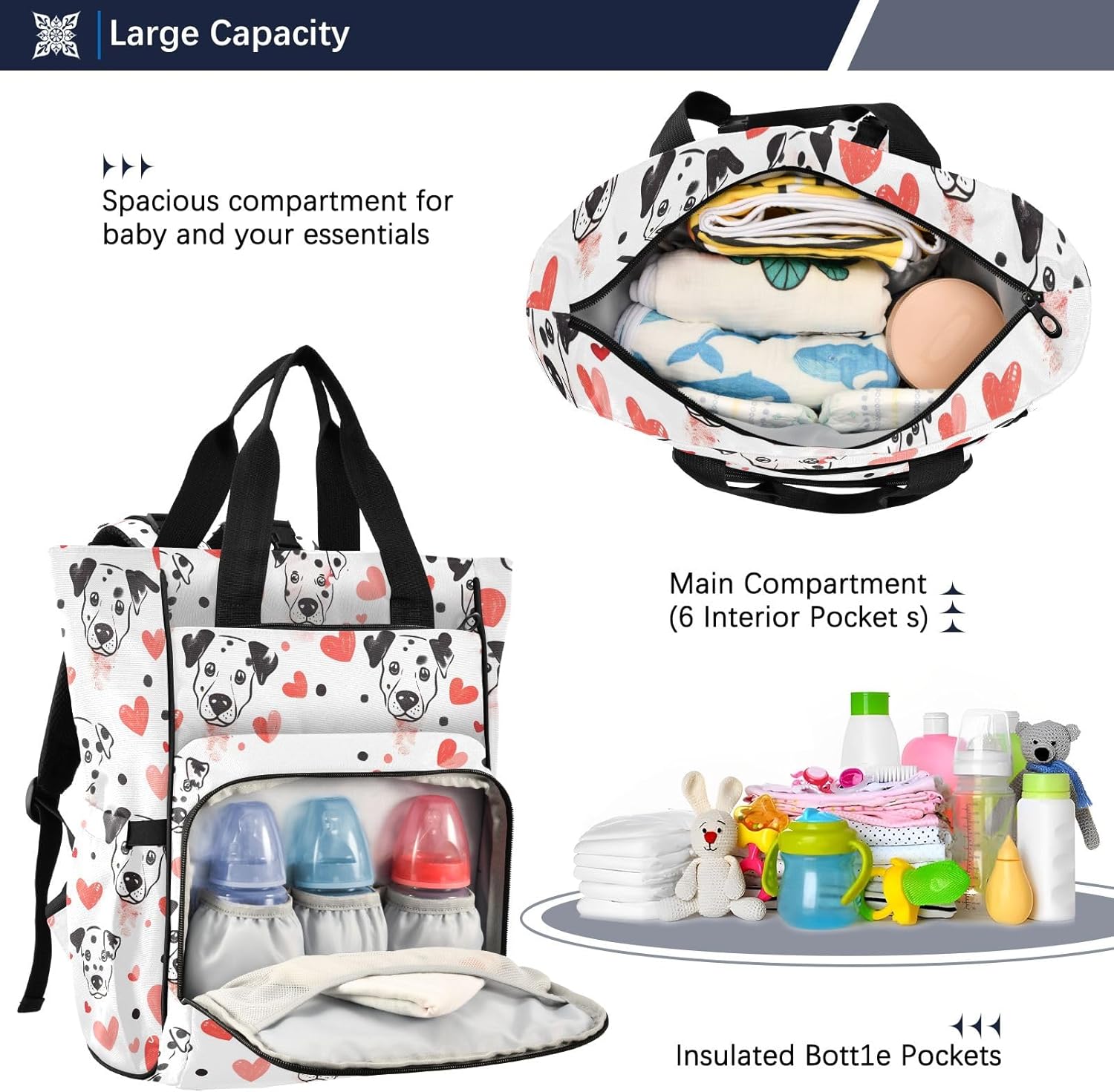 Diaper Bag Backpack Tote Multifunction Baby Nappy Changing Bags Dog Dalmatian Large with Stroller Straps Travel - Image 5