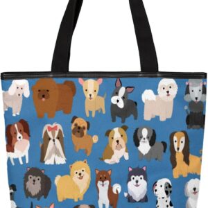 Cute Dog Pattern Canvas Tote Bag, Eco Friendly Reusable Grocery & Beach Bag With Zipper Inner Pocket for Women & Girls