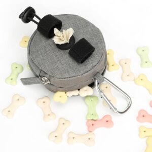 Dog Poop Bag Holder for Leashes- Dog Treat Pouch with Waterproof Zipper,Puppy Training Small Bag with Carabiner & Bungee Toggle,Two Pockets for Dry or Wet Treats-Pet Travel Walking Essentials (Grey)