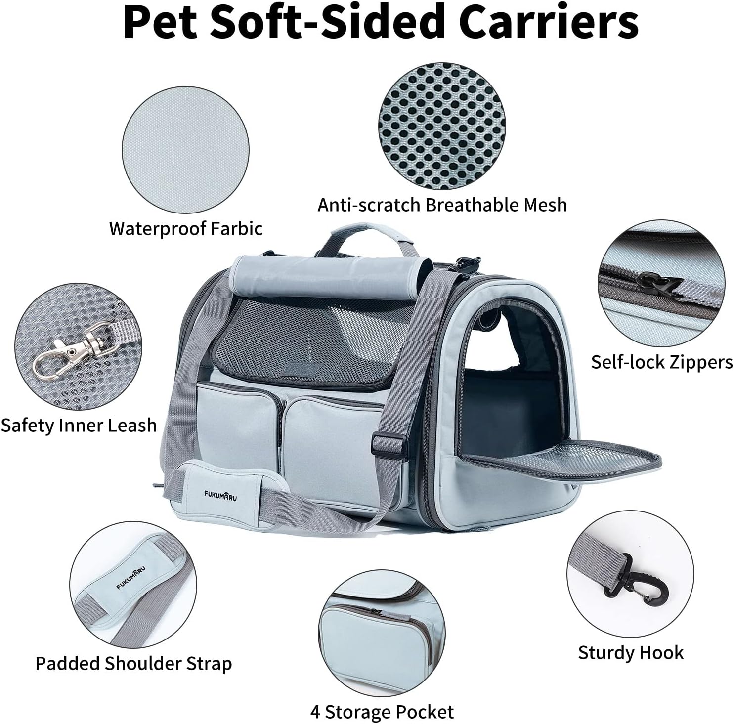 FUKUMARU Cat Carrier, Soft-Sided Small Dog Carrier, Large Cat Travel Bag with 4 Mesh Windows, Under 15 lb Airline Approved Pet Carrier with 4 Storage Pockets, Rollable Cover for Nervous Cats, Grey - Image 3
