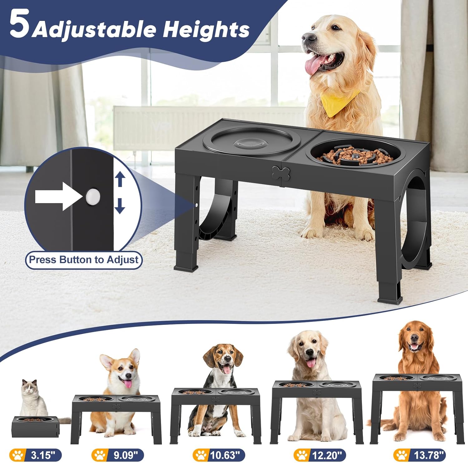XIAZ Elevated Dog Bowls Slow Feeder Dog Bowl Stand Food and Water Bowl Set for Large Medium Sized, 4 Heights Adjustable, Non-Slip, Durable, Prevents Bloating & Improves Digestion - Image 2