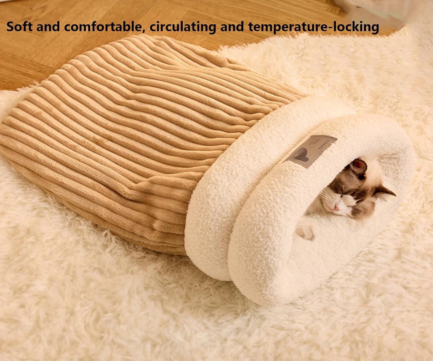 Cozy Pet Nest for Cats and Dogs, Semi-Enclosed Design, 360° Wrap Soft Plush Large Cat Sack Self Warm Cats Bed, Cat Bed Cave Sleeping Bag for All Seasons (Off White, L) - Image 6