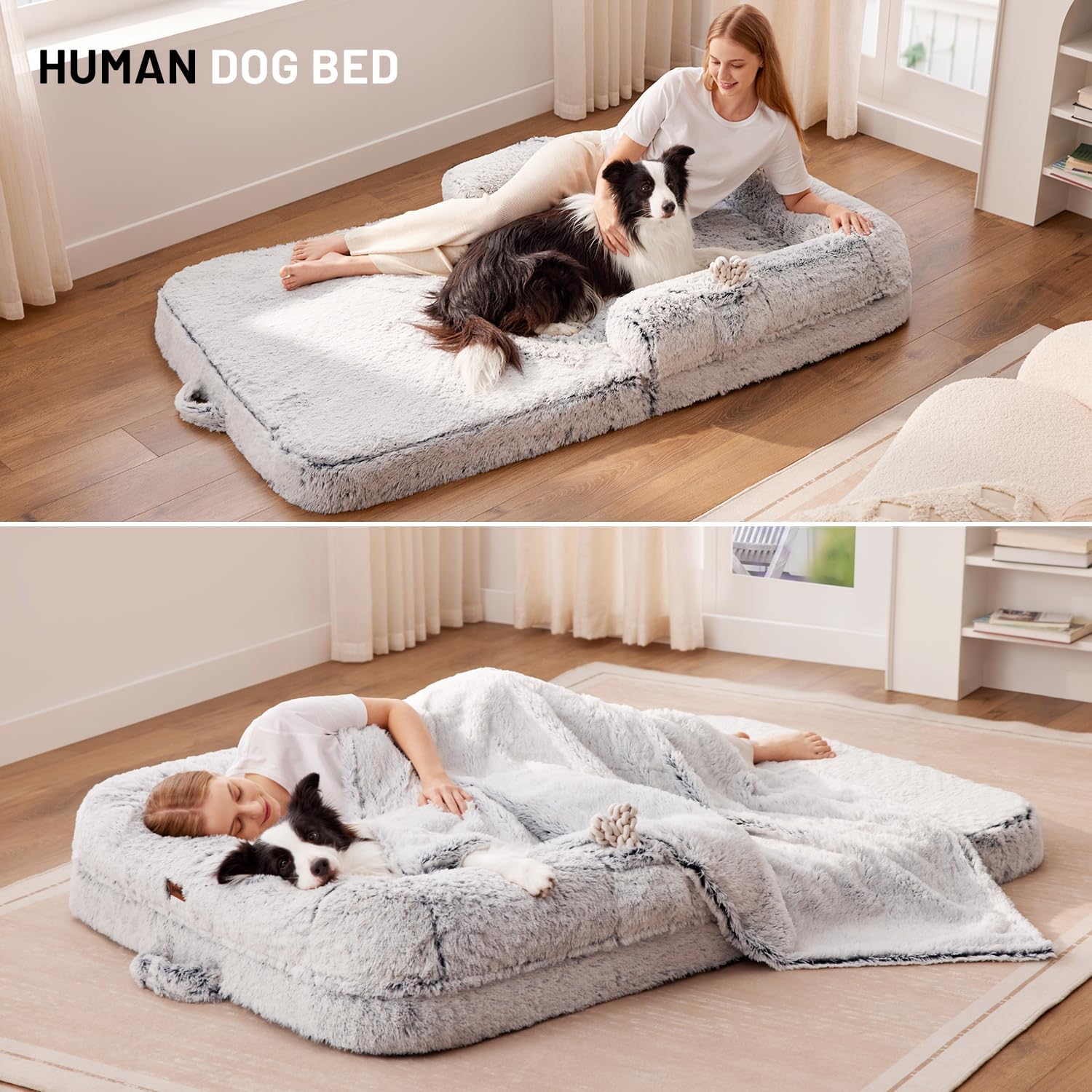 Human Dog Bed for Adult, 2 in 1 Foldable Giant Dog Bed for People Fits Pet Families, Egg Foam Supportive Mat, Waterproof Liner, Faux Fur Human Size Pet Bed with Blanket, 71"x43"x10", Grey - Image 6