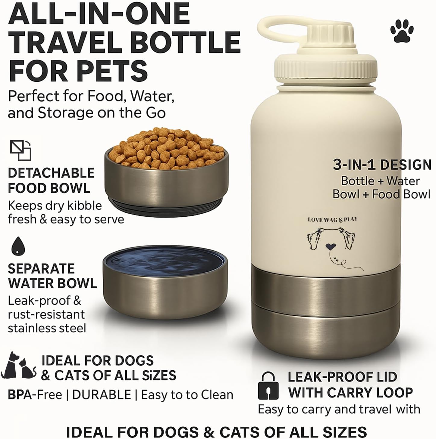 Love Wag & Play Dog Water Bottle Portable – 2 in 1 Stainless Steel Bowl for Food, Water – Leakproof Portable Water Bowl for Dog with Carry Loop – Detachable Design – Ideal for Kibble, Treats – Beige - Image 3