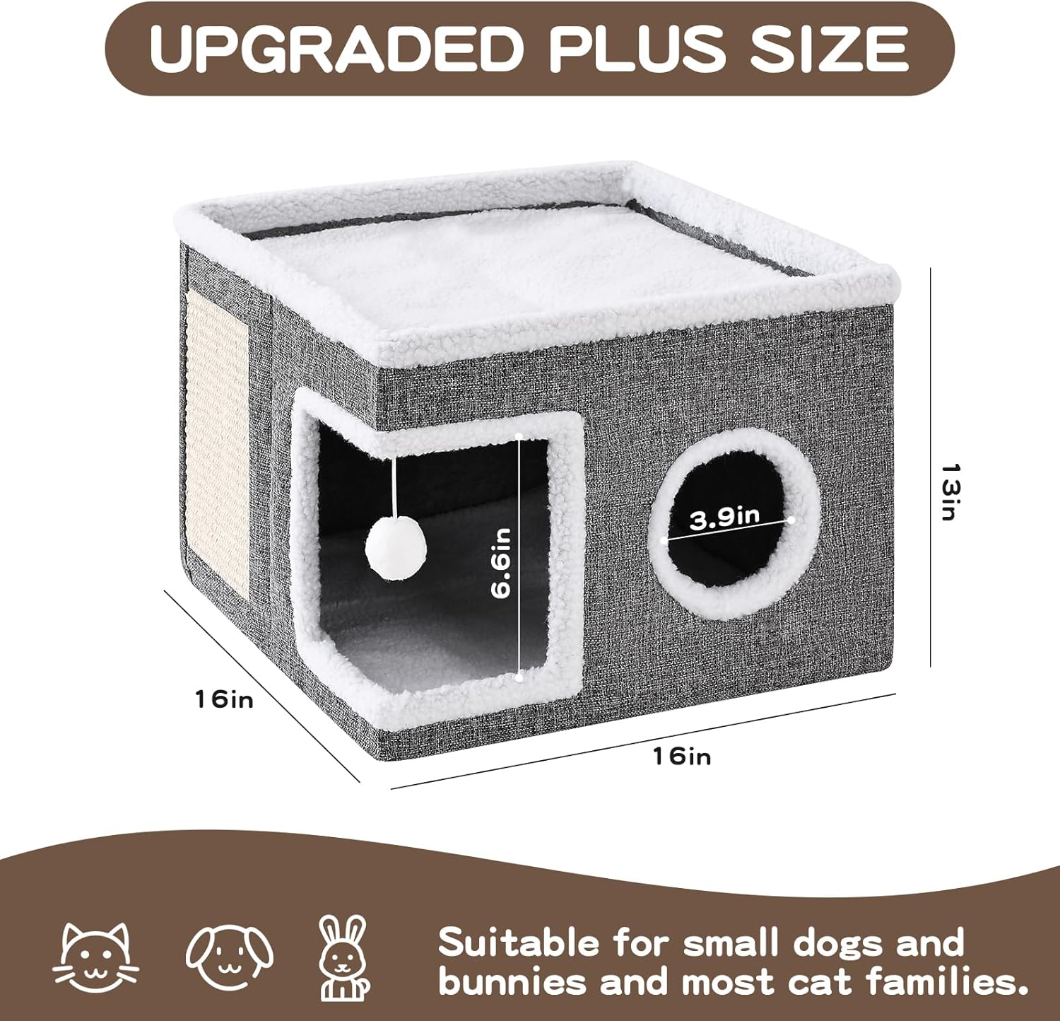 Cat Beds for Indoor Cats, Large Cat Cave with Fluffy Ball and Scratch Pad, Foldable Cat Scratch House with Hideaway Condo for Kitten,16x16x13inch,Grey - Image 5