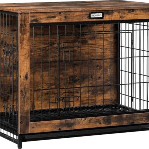 HOOBRO Dog Crate Furniture, 32.5" Medium Dog Kennel Indoor, Wooden Cage with Pull-Out Tray, Double Doors Pet House Side End Table for Medium/Small Dogs, Rustic Brown BF802GW03G1