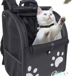 Cat Backpack Carrier, Breathable Cat Carrier Large Space UP 17 lb, Large Reflective Pet Carrier Backpack, Ventilated Mesh Small Dog Travel Pet Backpack for Hiking Walking Outdoor(Black).