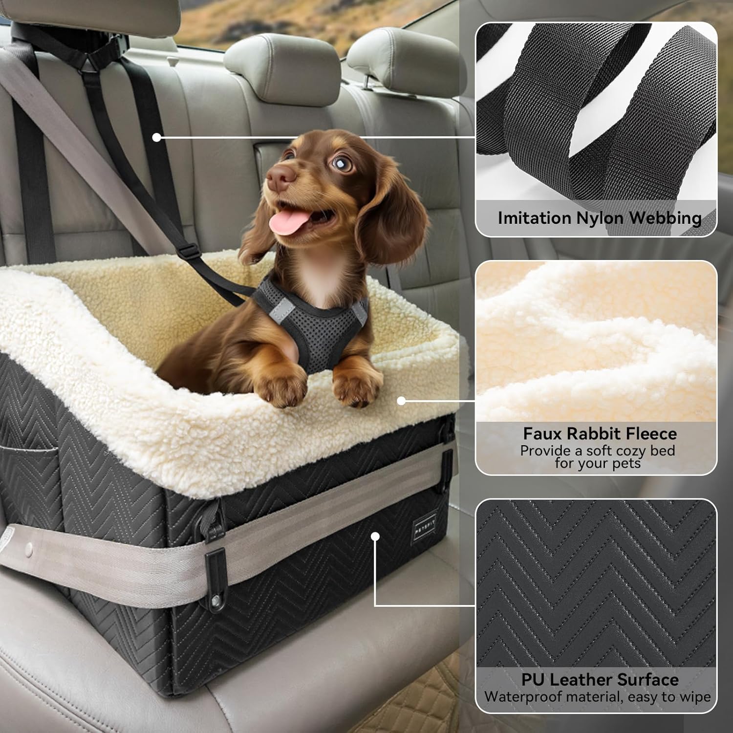 PETSFIT Small Dog Car Seat, Waterproof PU Leather Dog Booster Car Seat with Patented Safe Buckles, Detachable Dogs Seat Belt for Car, Dog Car Seat Medium Sized Dog up to 30 lbs (Black) - Image 3