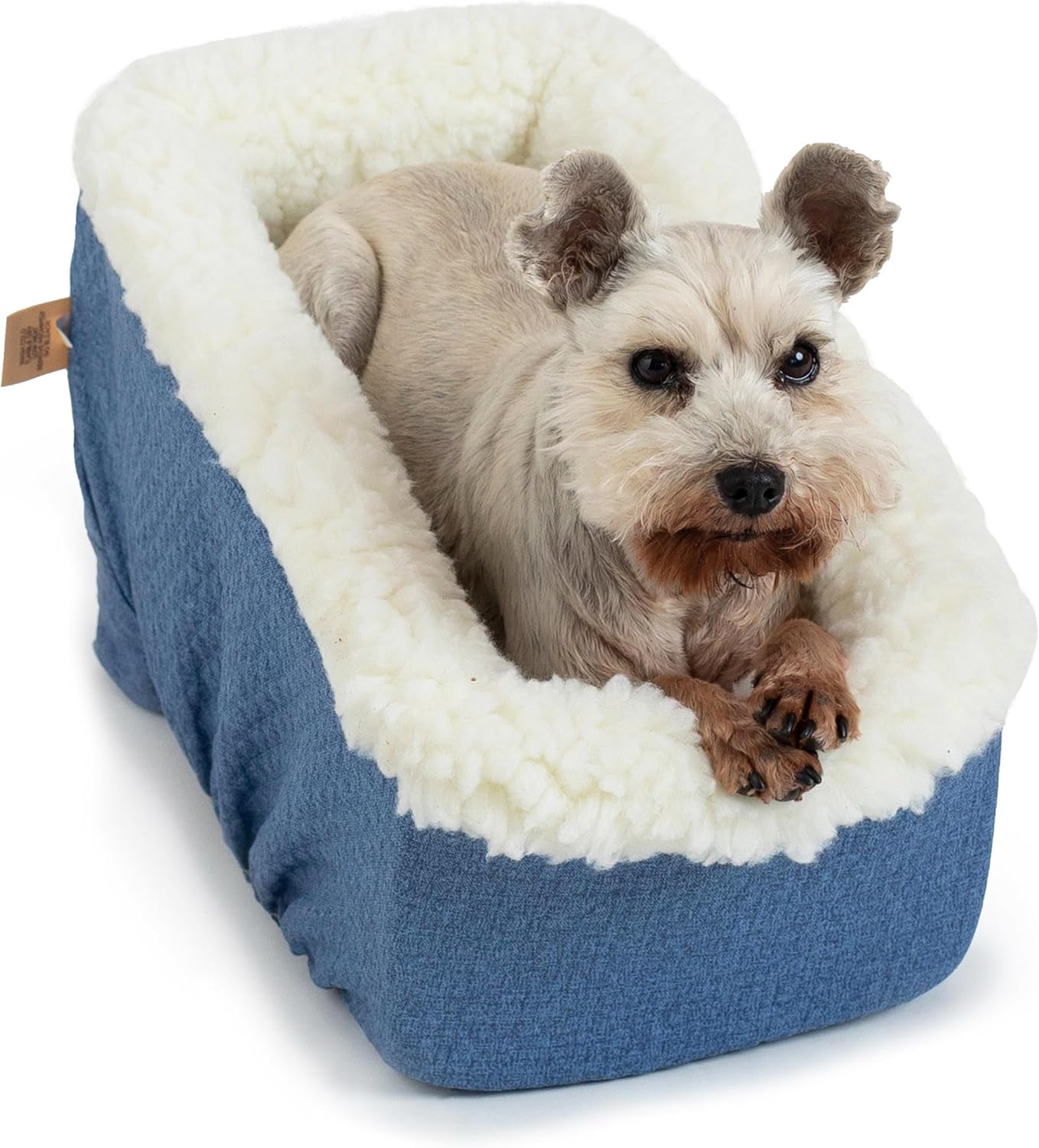 Snoozer Small Console Dog Car Seat Travel Dog Bed Carrier for Dogs up to 7 lbs, Provides Safe & Calm Pet Travel with Dog Car Seat Belt Harness Strap, Removable Machine Washable Denim Diamond Cover