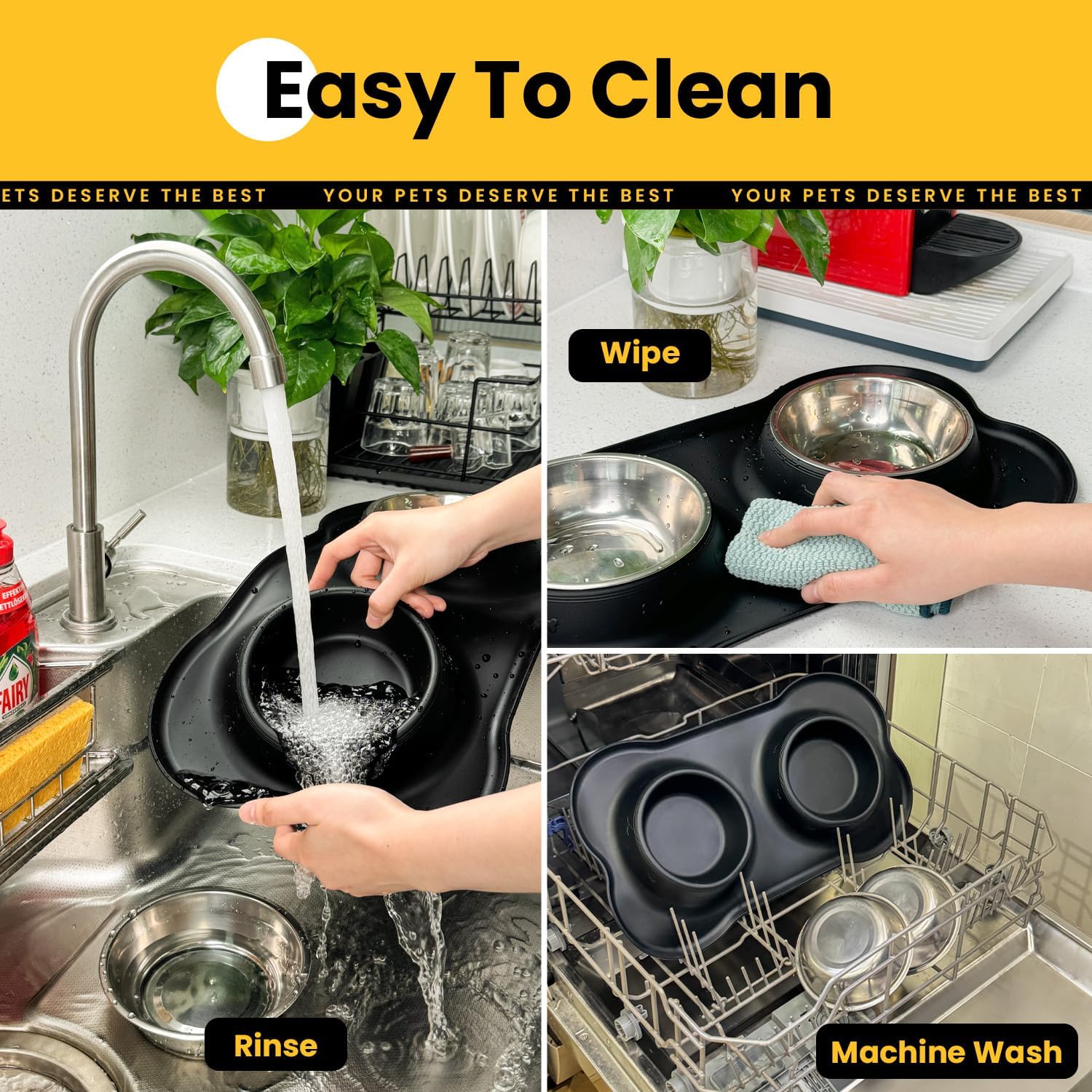 Dog Bowls with Silicone Feeding Mat, No Spill Food Water Dish Set, Dishwasher Safe, 2 Stainless Steel Puppy Bowls,Suitable for Tiny Dogs Kittens Cats Rabbits Pets under 8lbs, Extra Small, Black - Image 6