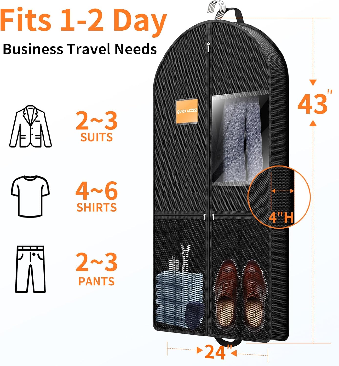 Travel Garment Bag Suits Clothes : 43 Inch 5 Packs Lightweight Breathable Zippered Black Fabric - Clothes Carry Short Men - Wardrobe Carry Coat Jacket Uniform Tuxedo Shirt - Image 3