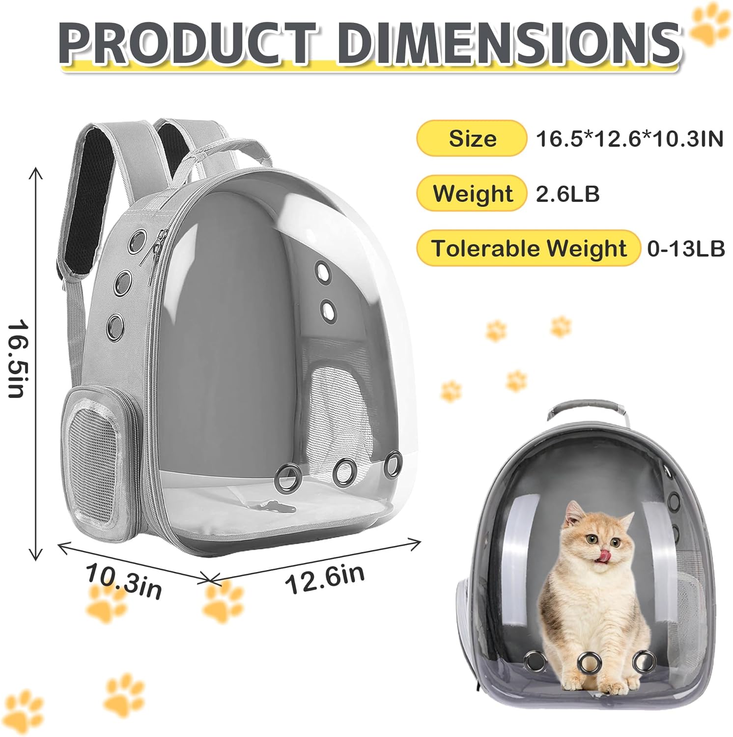 Cat Backpack Carrier Bubble Bag, Transparent Space Capsule Pet Carrier Dog Hiking Backpack, Small Dog Backpack Carrier for Cats Puppies Airline Approved Travel Carrier Outdoor Use Yellow Gray - Image 2