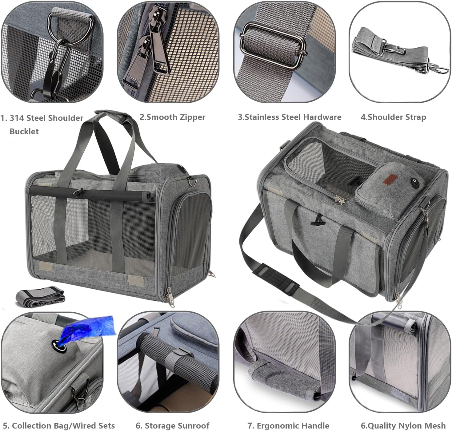 HSC PET Grey Cat Carriers Soft Small Dogs Carrier Airline Approved,Soft-Sided Pets Carrier with Large Pockets,Active Sunshades Curtains,Lightweight,Keeped Shape (Hold up Well) - Image 4