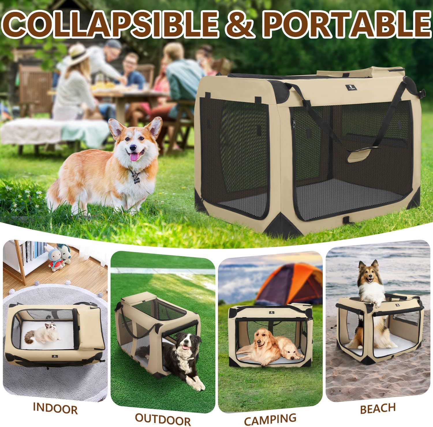 X-ZONE PET Dog Crate 3-Door Kennel, Collapsible Portable Soft Sided Pet Carriers for Indoor & Outdoor, Multiple (28-Inch, Rice White) - Image 5