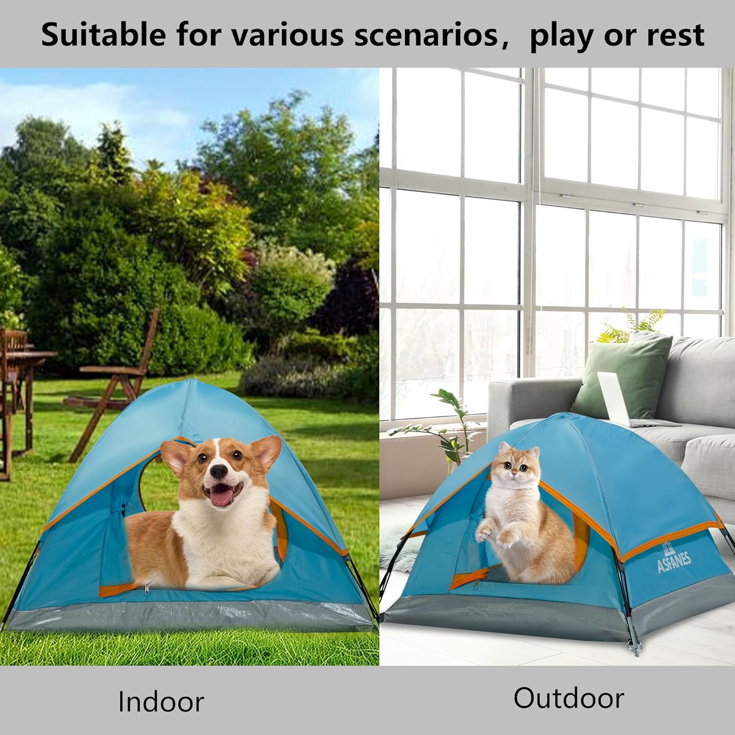 Outdoor Waterproof Pet Camping Tent, Cave Bed for Indoor Cats and Small Dogs, Portable Cat House Dog House, 21.6x21.6x14.9'', Blue, S. - Image 3