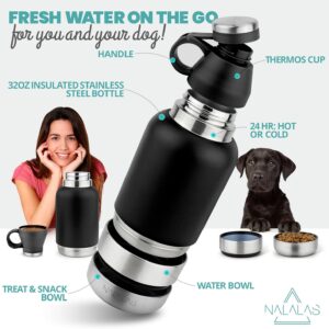 NALALAS 3 in 1 Portable Dog Water Bottle – Large 32oz Insulated With Travel Food Bowl – For Dogs On The Go
