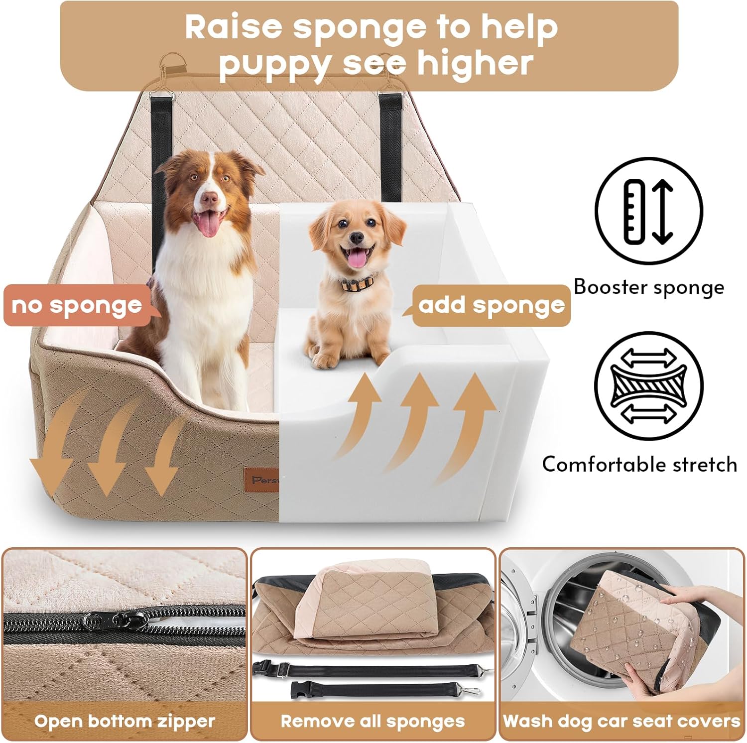 Dog Car Seat for Large Medium Dogs,Detachable Washable Dog Booster Seat,Pet Travel Bed with Storage Pockets and Dogs Safety Belt (Coffee, Large) - Image 4