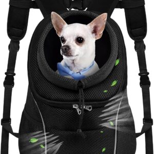 WOYYHO Pet Dog Carrier Backpack Small Dog Front Backpack Ventilated Dog Carrier Back Pack with Storage Pockets, Adjustable Straps & Safety Belt for Travel Hiking Outdoor (Size M: 5-9 lbs, All Black)