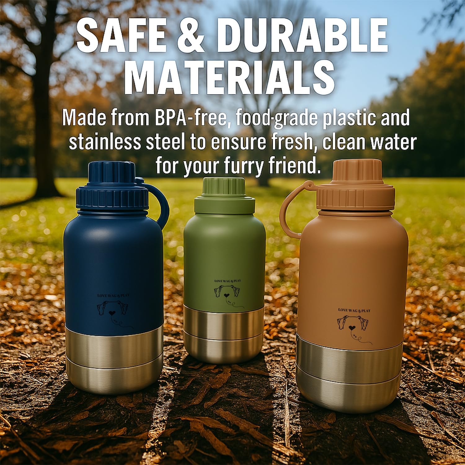 Love Wag & Play Dog Water Bottle Portable – 2 in 1 Stainless Steel Bowl for Food, Water – Leakproof Portable Water Bowl for Dog with Carry Loop – Detachable Design – Ideal for Kibble, Treats – Beige - Image 5