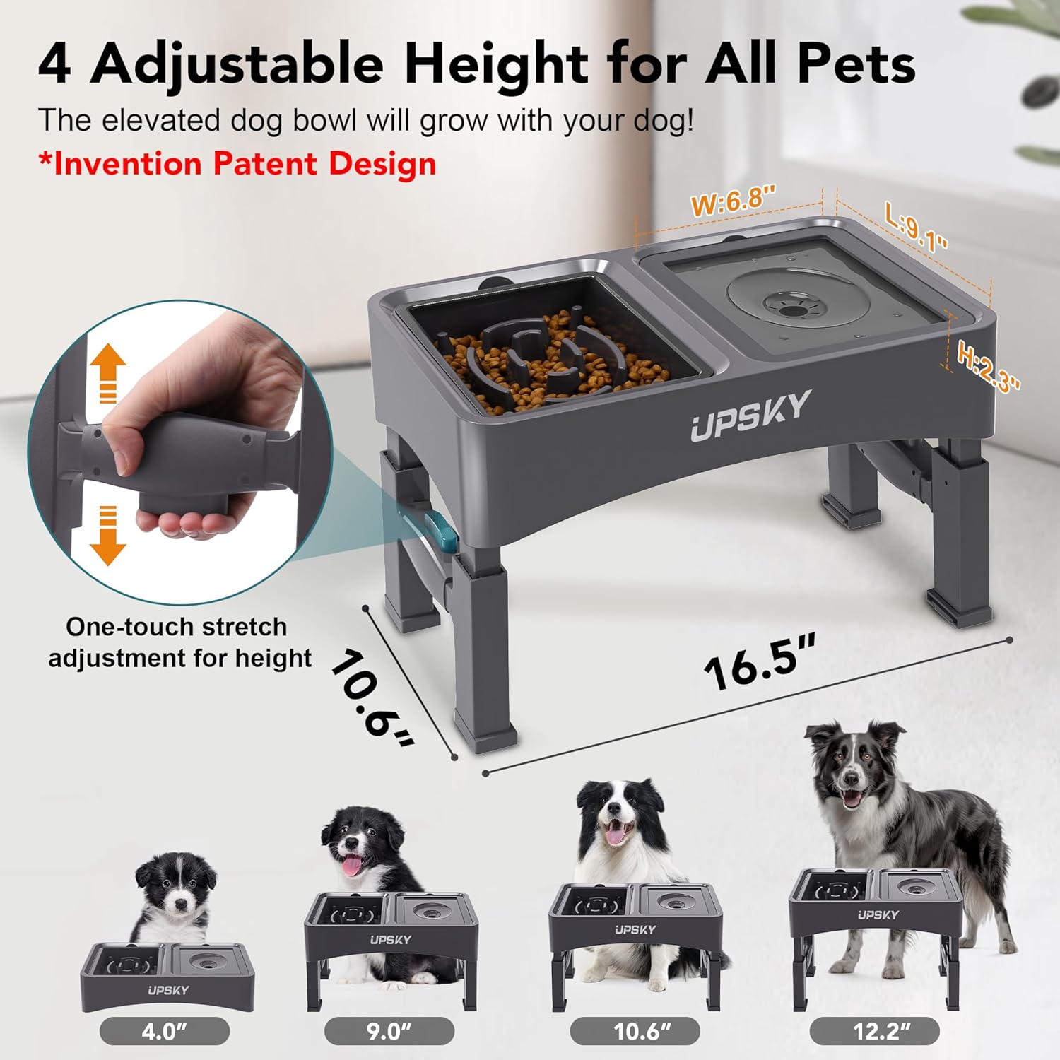 UPSKY 2-in-1 Elevated Dog Bowls Slow Feeder, 4 Height Adjustable Raised Bowl Stand, No Spill Dog Water Bowls, Anti-Slip Food and Water Bowls for Small Medium Dogs(Not Include Stainless Steel Bowl) - Image 2