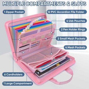 BALEINE Fireproof Document Organizer with Handle, 12 Pockets PVC Accordion File Organizer with Labels, Waterproof Fireproof Document Bag for A4/Letter Files in Travel, Office, Home (Pink)