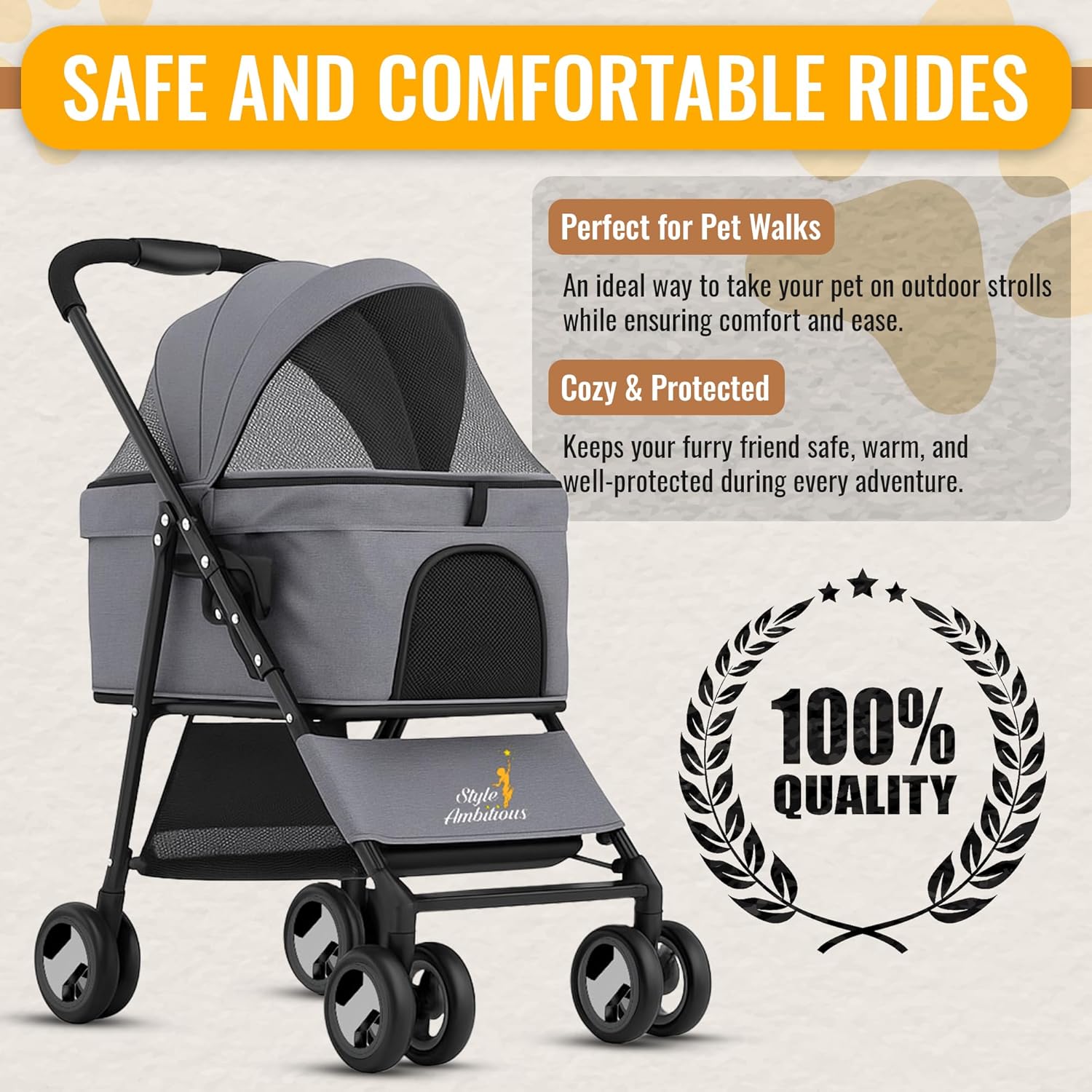 3 in 1 Pet Stroller - Foldable Dog Stroller & Pet Carrier - Included with Storage Bag, Cup Holder & Pet Leach - Cat Carrier with Detachable Basket & Breathable Canopy (Grey) - Image 2