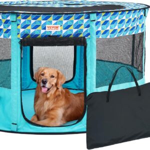 VEVOR Portable Foldable Pet Playpen, 44x44x24'' Dog Cat Play Pen + Free Carrying Case + Collapsible Travel Bowl, Indoor/Outdoor Dogs Cats Kennel for Puppies with Water-Resistant 600D Oxford Cloth