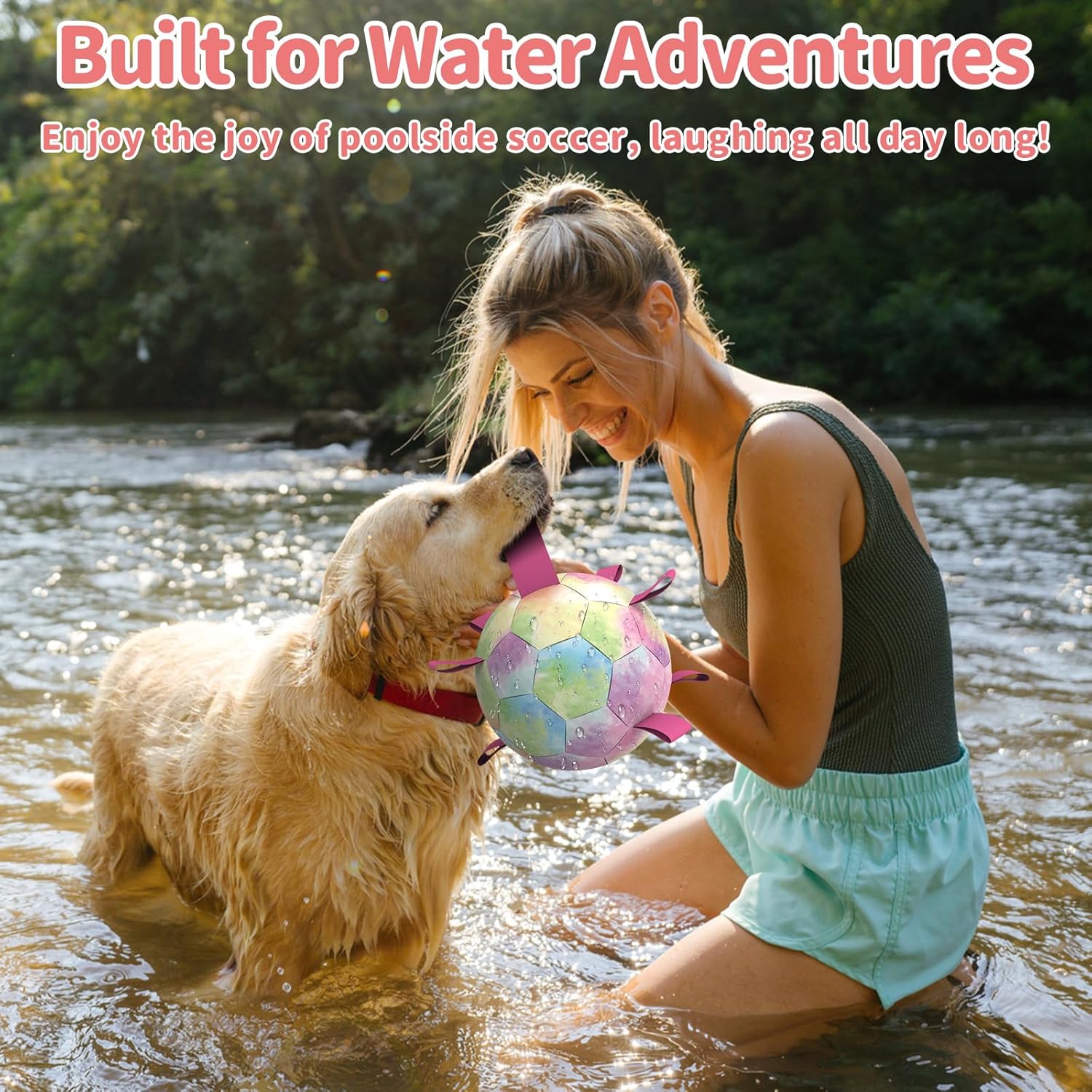 QDAN Premium Dog Toys Soccer Ball with Straps, Puppy Balls for Small Medium Dogs, Dog Water Toys Pool Toys, Puppy Dogs Pet Birthday Gifts, Rainbow(6 Inch) - Image 3