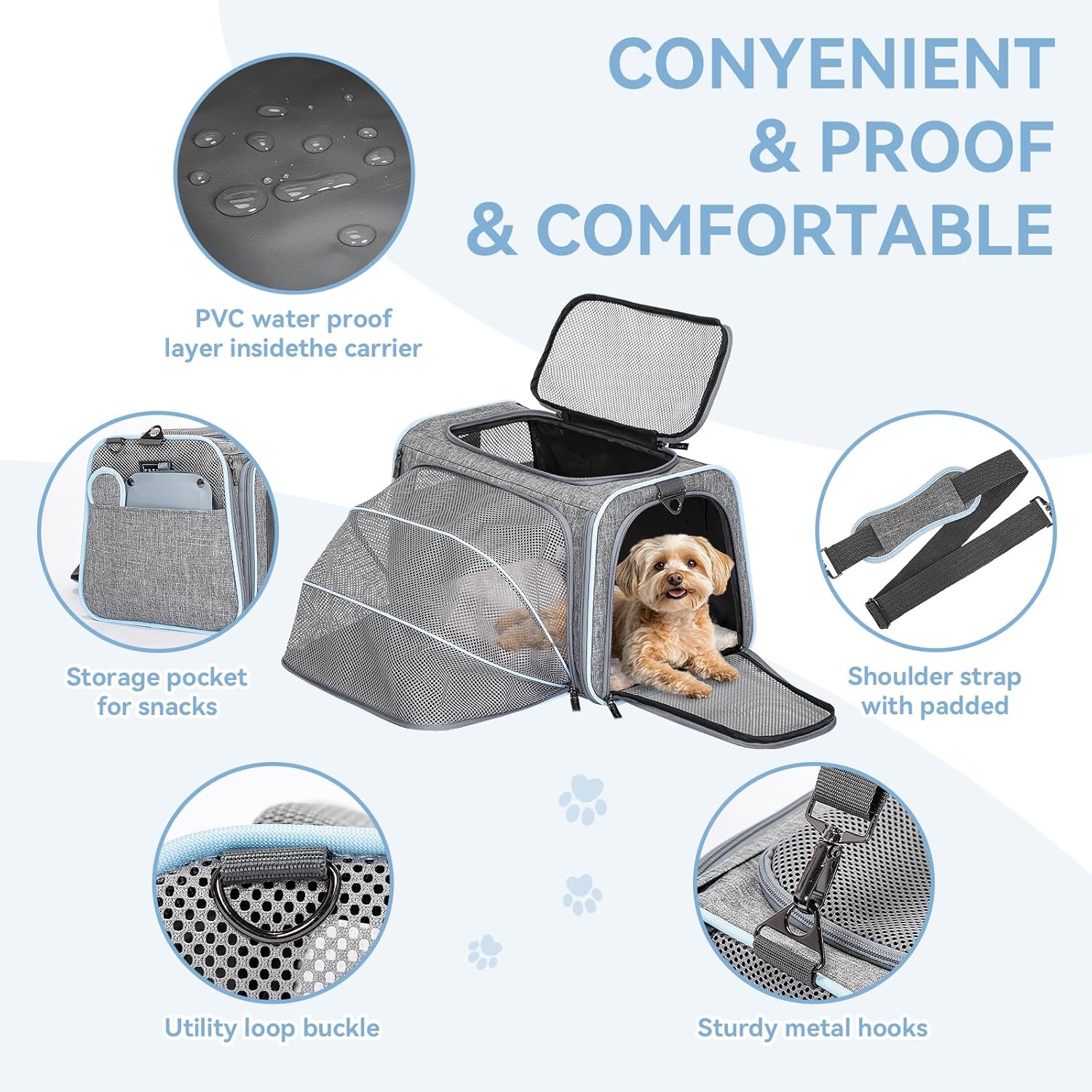 Petsfit Expandable Large Cat Carrier Small Dog Carriers Airline Approved, 17" Lx 11" Wx 11" H Soft-Sided Portable Washable Pet Travel Carrier with 2 Extension for Kittens, Puppies, Rabbits - Image 6