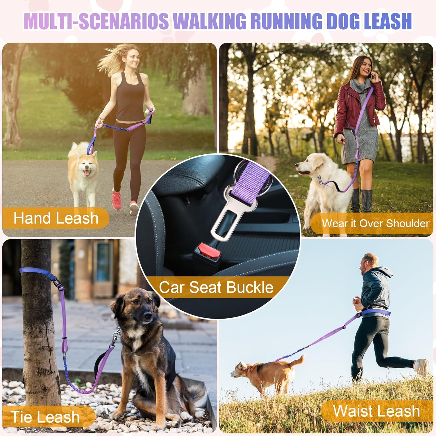 Heavy Duty Hands Free Dog Leash, 5-7 FT Reflective Adjustable Waist Dog Leash Belt with Padded Handles, Shock Absorbing Bungee and Car Seat Belt for Large Medium Dogs (Purple Blue, XL) - Image 4