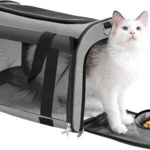 TWDEPART Cat Carrier Backpack - Multifunctional, Firm & Foldable with Roll-Up Shade, Breathable Design Includes Collapsible Bowl & Cushion (Grey)