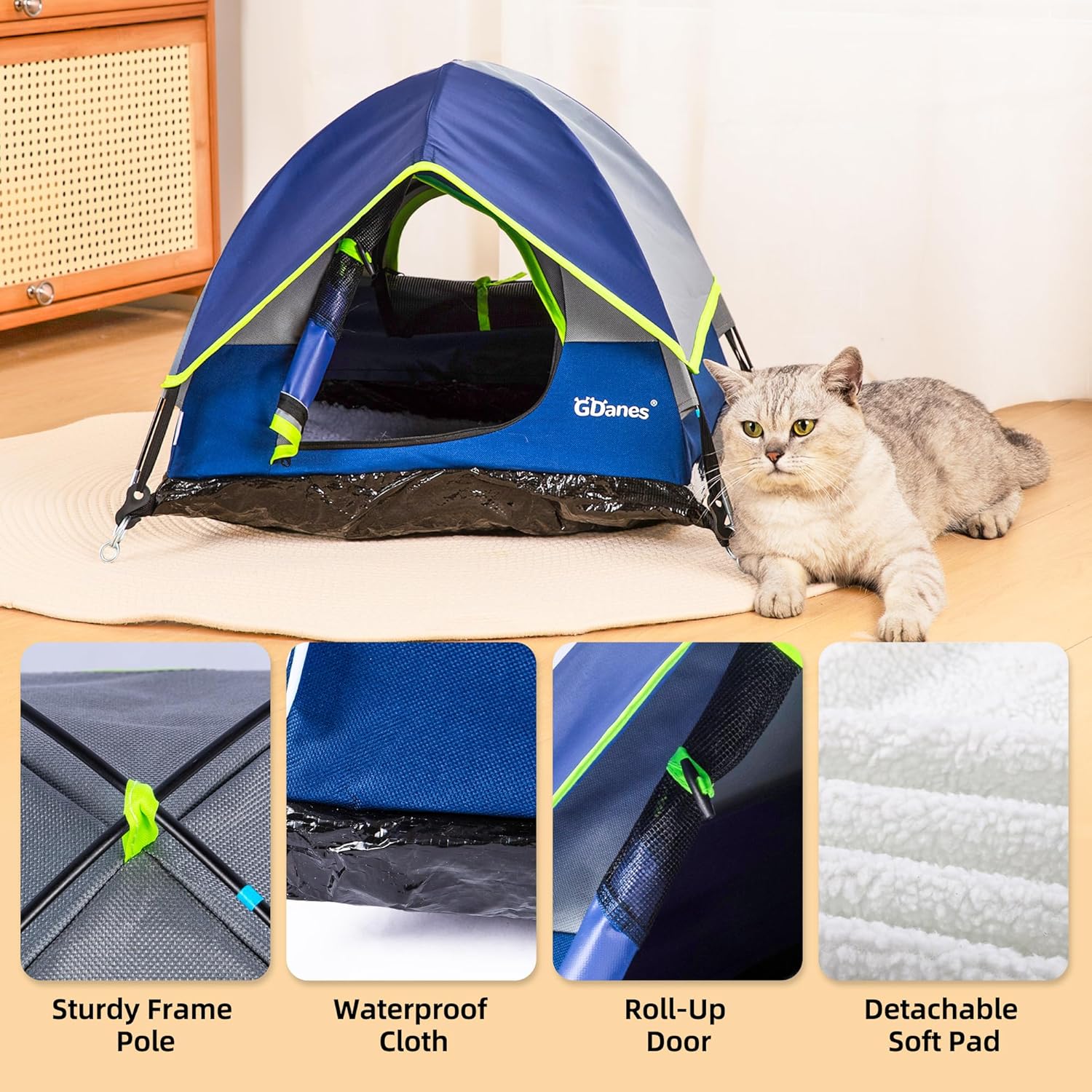 GDanes Blue Cat Tent, Large Cave Bed for Indoor Cats and Small Dogs with Soft Pad - 22" x 22" x 16" - Image 5