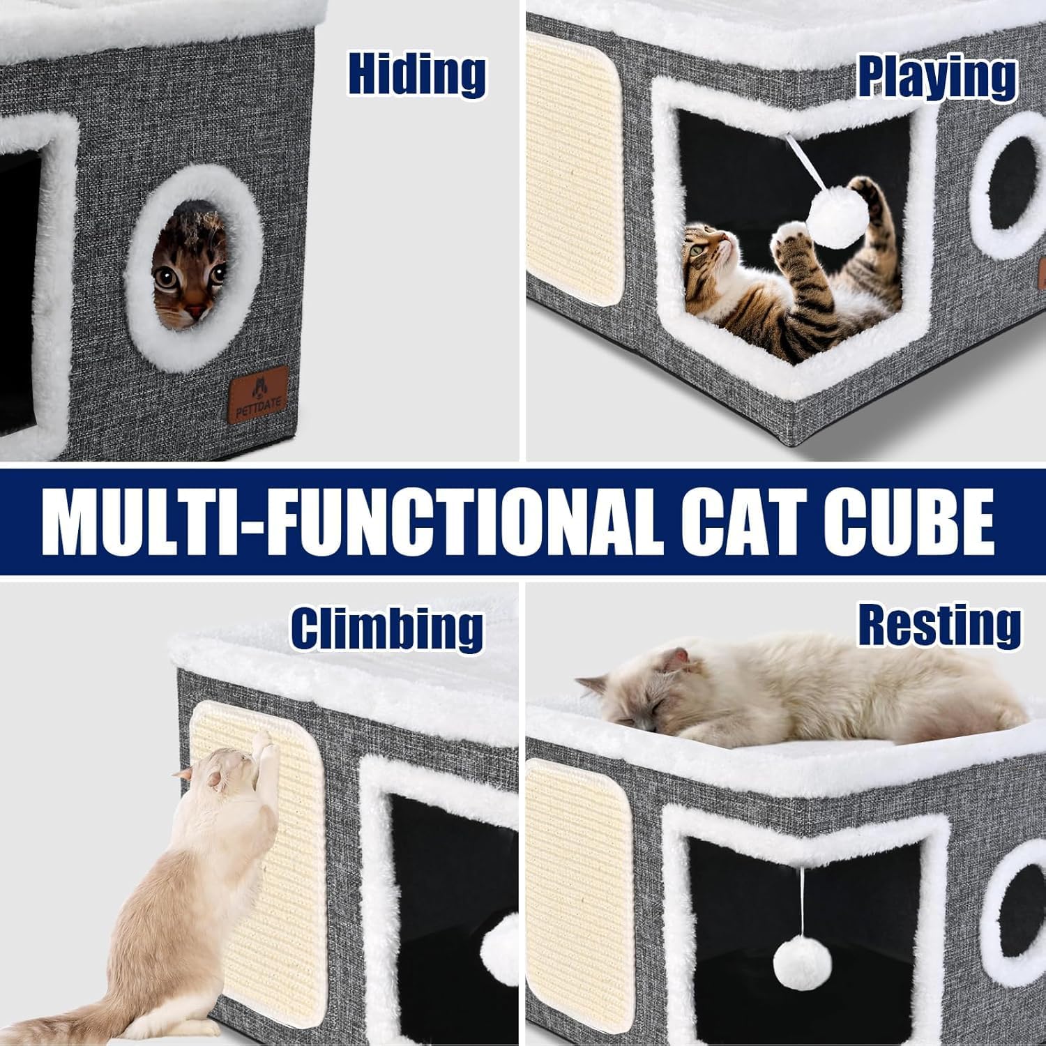 Cat Beds for Indoor Cats, Large Cat Cave Bed with Scratch Pad and Fluffy Ball, Foldable Cat Hideaway, Cat House with Reversible Cushion for Multi Small Pet Up to 30LBS, Grey - Image 7