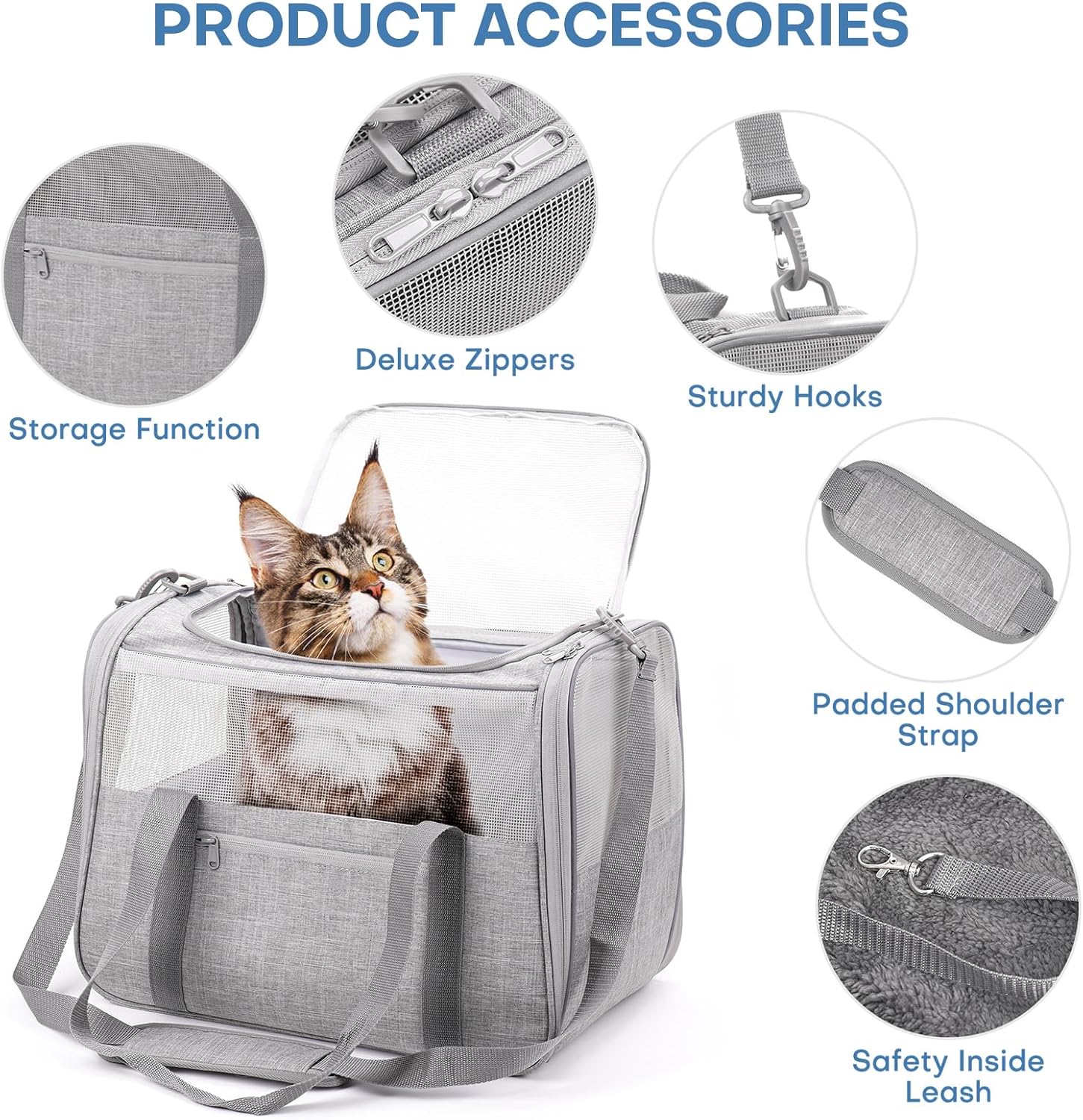 JUNGYOON Large Cat Carrier – Soft-Sided Airline-Approved Pet Carrier Bag with Top Opening, Portable Travel Carrier for Big Cats & Dogs Up to 20lbs – Safety Zippers, Collapsible Bowl,Grey - Image 5