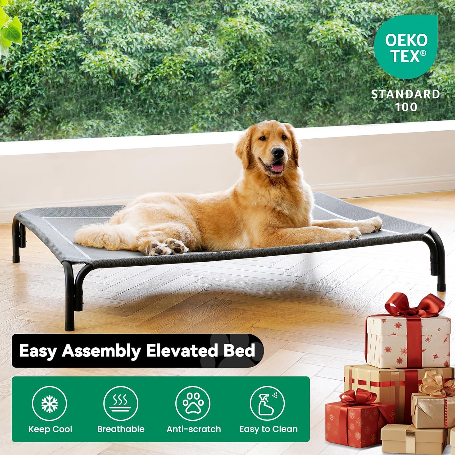 Elevated Dog Bed Raised Outdoor Dog Cot for Medium Dogs, Installation Requires No Tools, Frame with Washable Cooling Breathable Mesh Anti-Slip Feet, Indoor Pet Bed, Grey, 35.4 Inches - Image 2