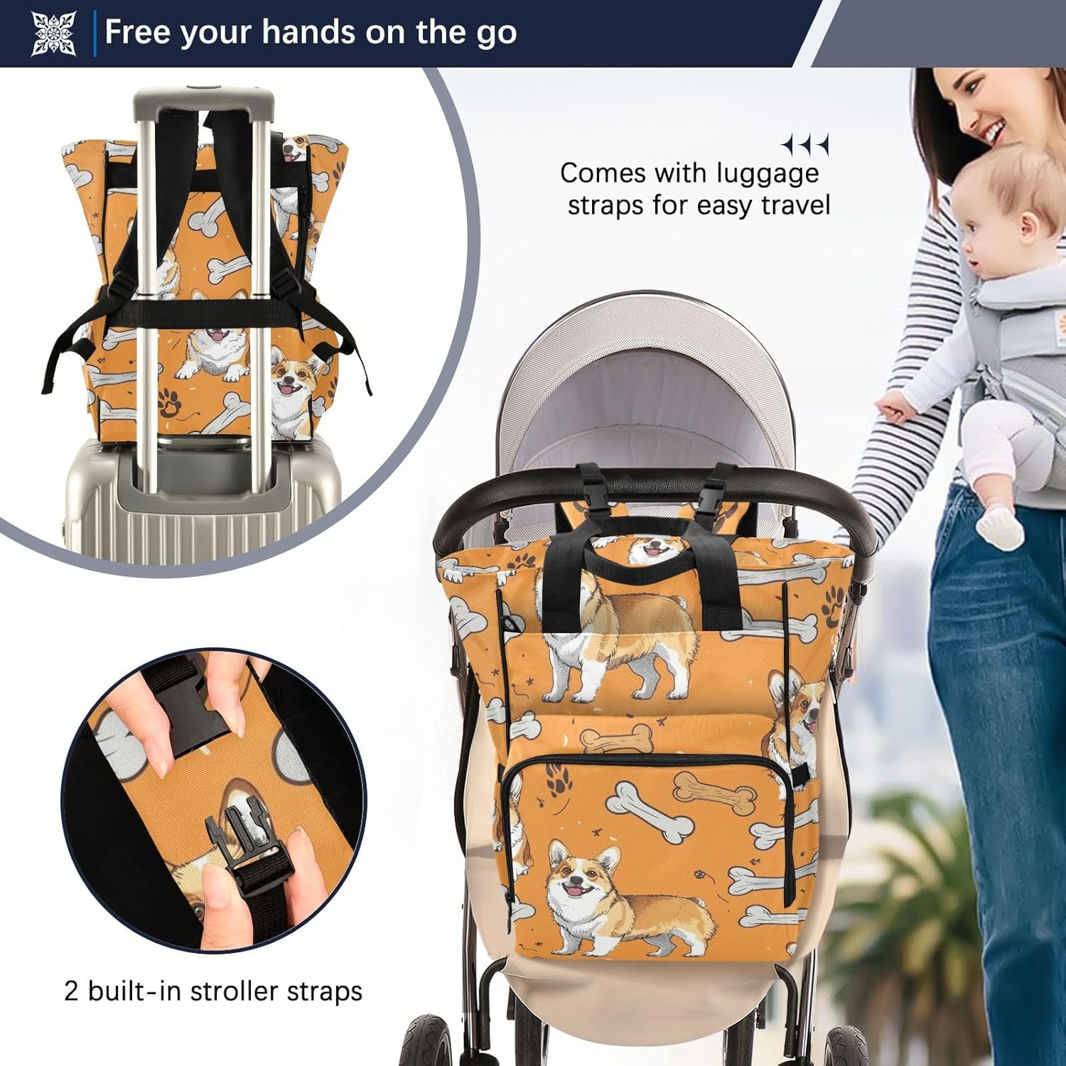 Diaper Bag Backpack Tote Multifunction Baby Nappy Changing Bags Dog Bones Large with Stroller Straps Travel - Image 4