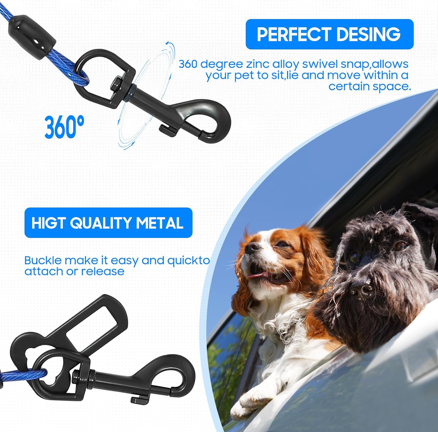 Dog Car Harnesses, Dog Seatbelt of Coated Wire Leash Safety Restraint, No Chew Tether Cable Vehicle Dog Accessories, Double Clips & Latch Attachment (Red+Blue, 32 inch/80 cm) - Image 6