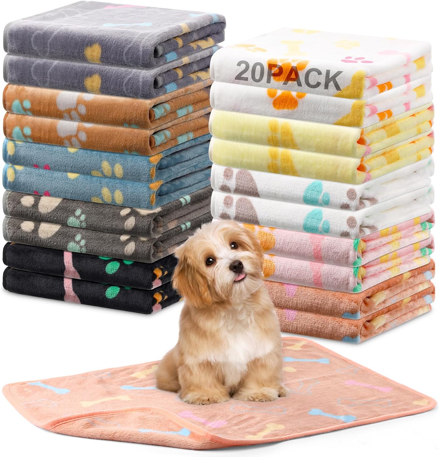 20 Pcs Dog Blankets for Small Dogs 24 x 16 Inches Puppy Blankets with Paw Print Soft Fluffy Fleece Pet Sleep Mat Flannel Throw Washable for Small Dogs Puppy Cats, 10 Styles